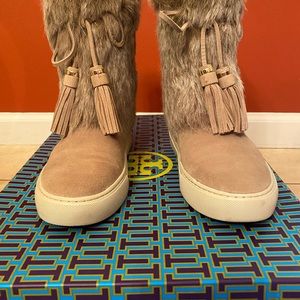 Tory Burch split rabbit fur and suede boot